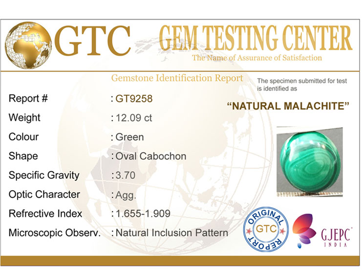 12.09 ct Natural Certified Malachite stone